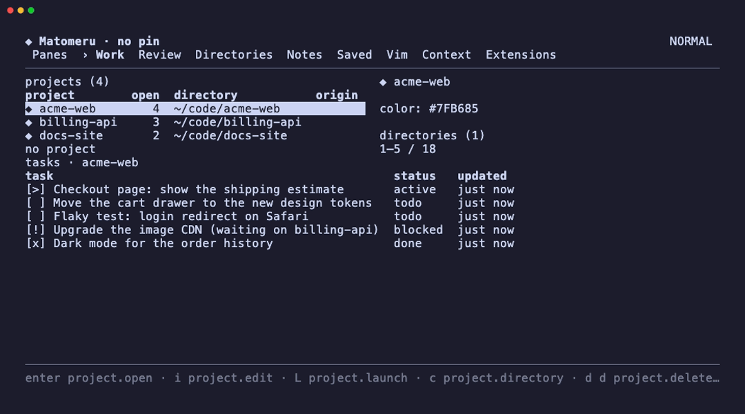 mtm over invented data: moving through projects and tasks, filtering a list, pinning a project from the palette, ticking a checklist in a note, the key help and the Settings page